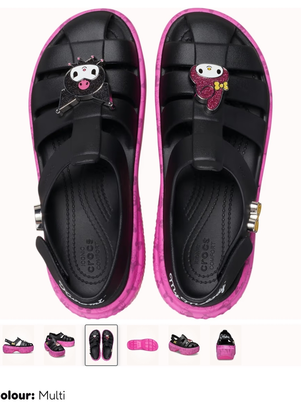 CROCS Womens/Kids Size 7 Black Sandals with Pink Trim Kuromi /My Melody